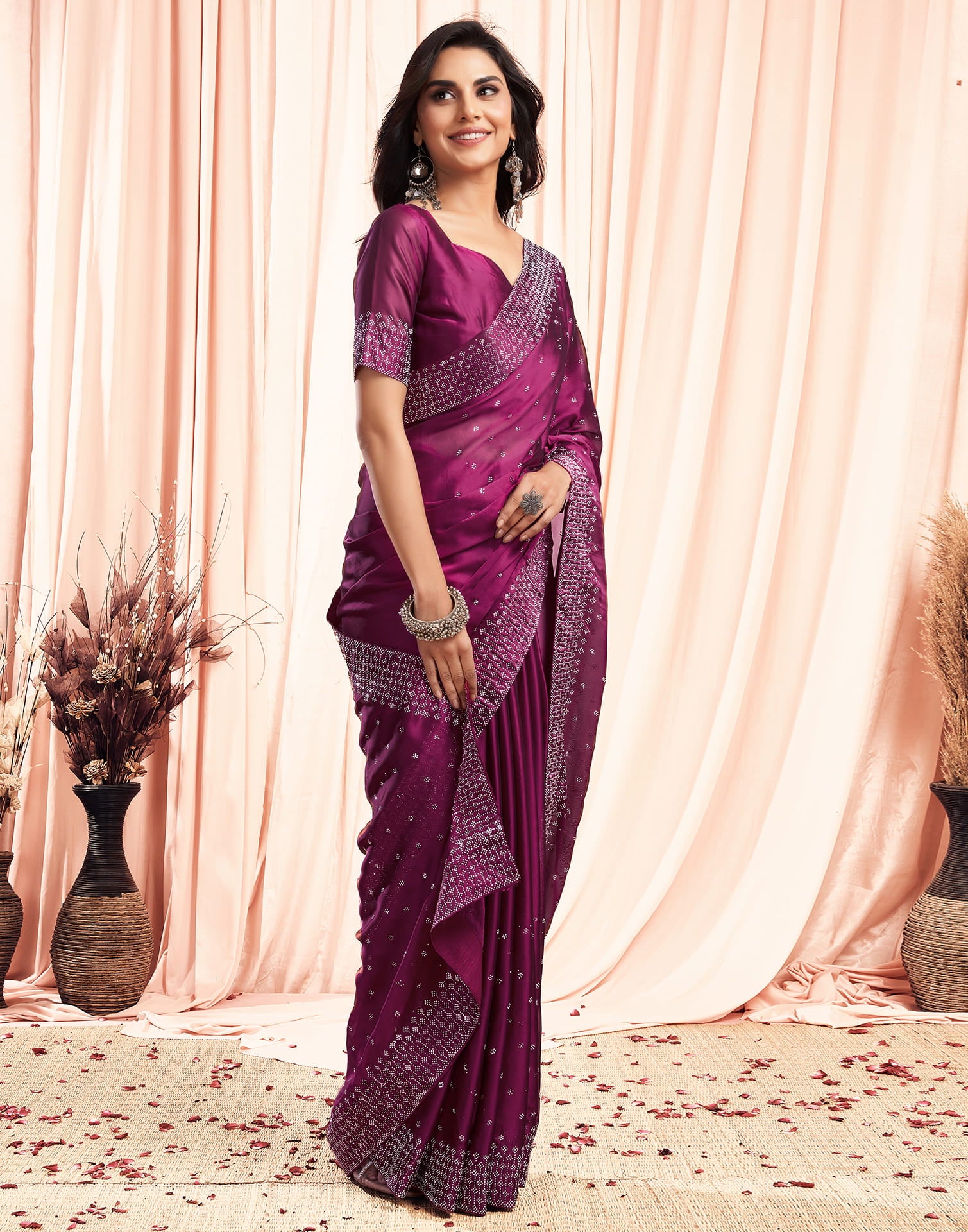 Dark Pink Georgette Plain Saree