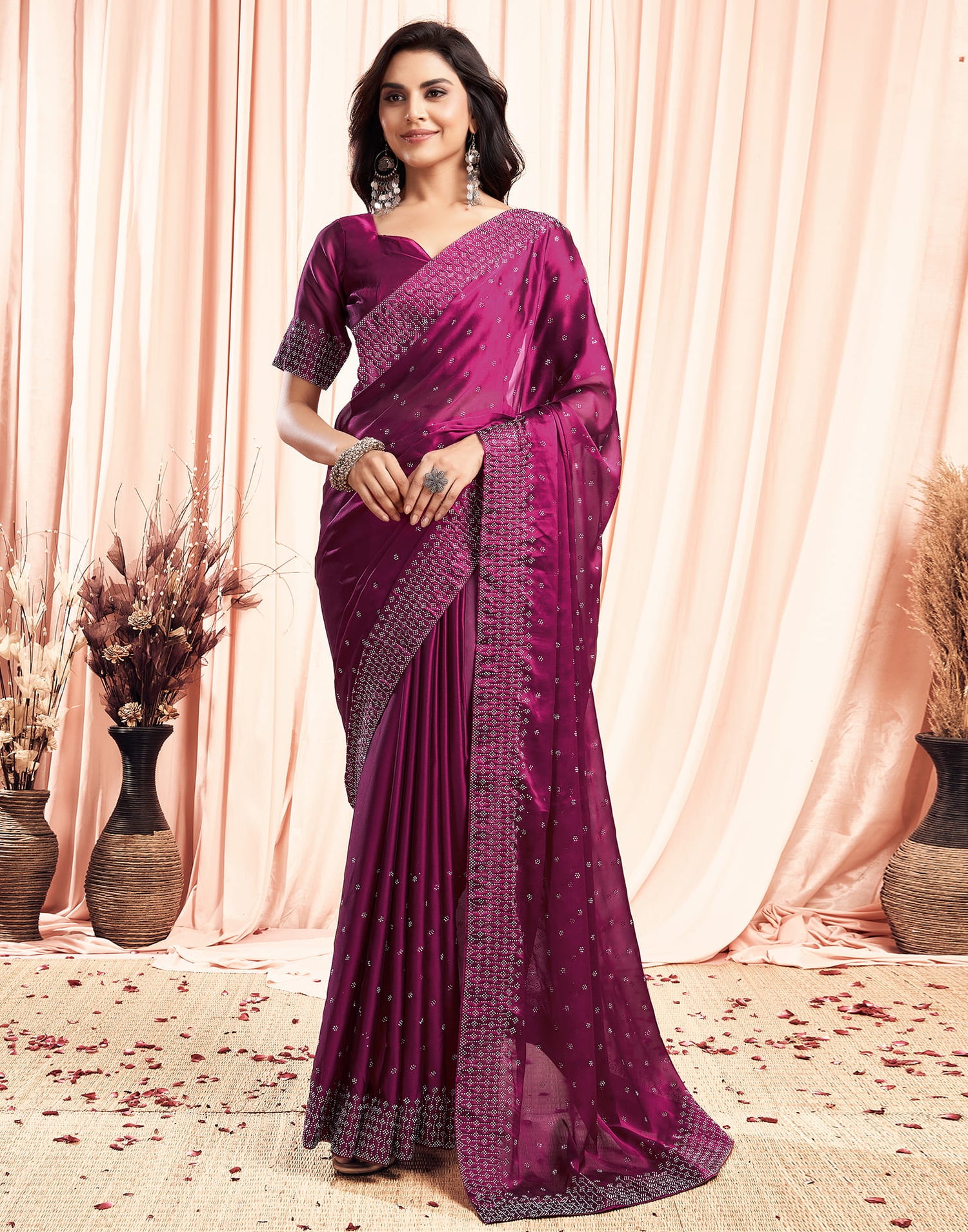 Dark Pink Georgette Plain Saree