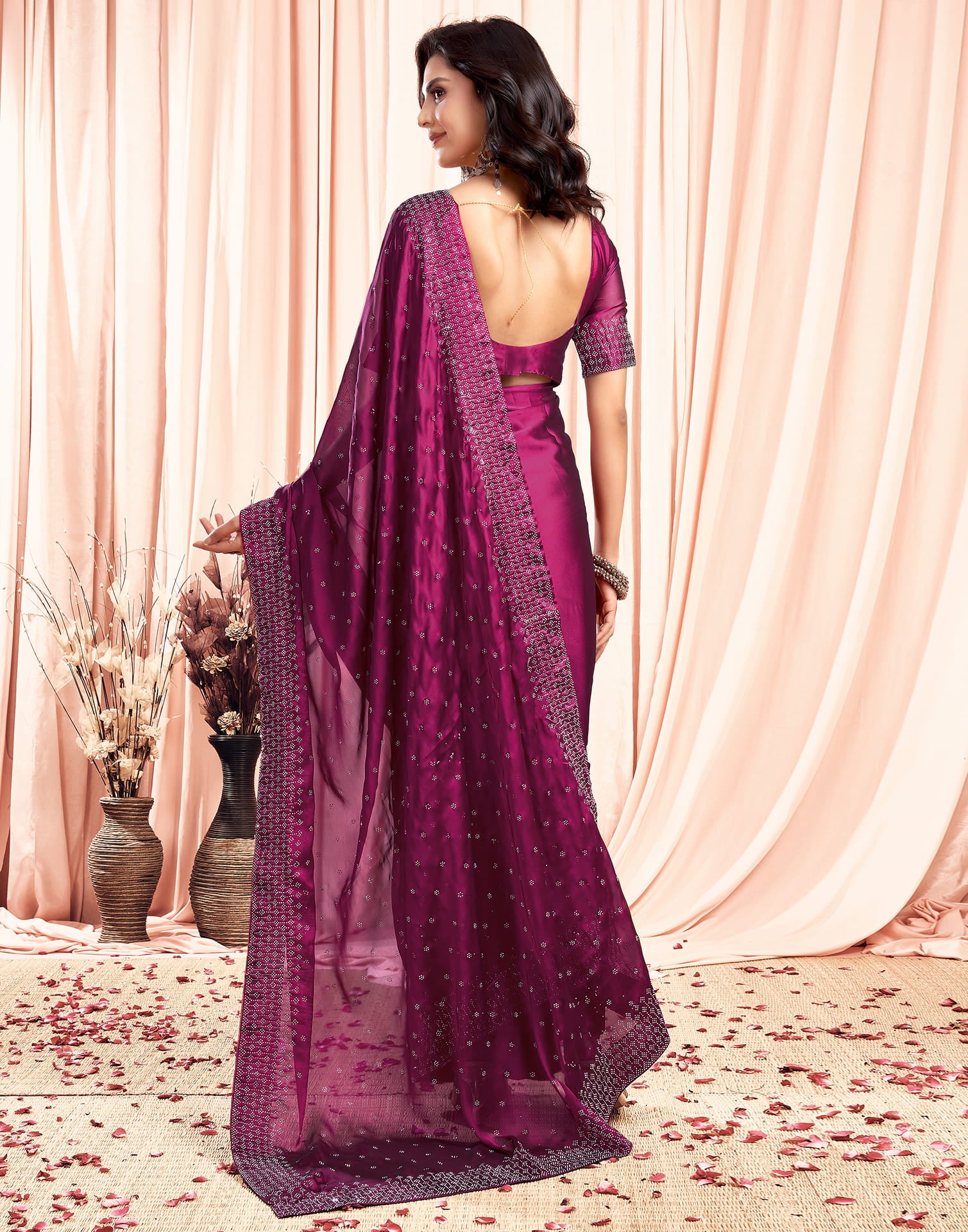 Dark Pink Georgette Plain Saree