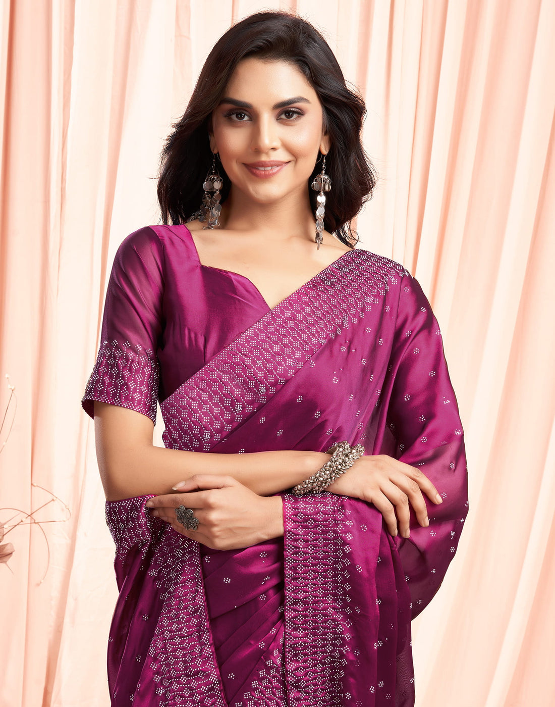 Dark Pink Georgette Plain Saree