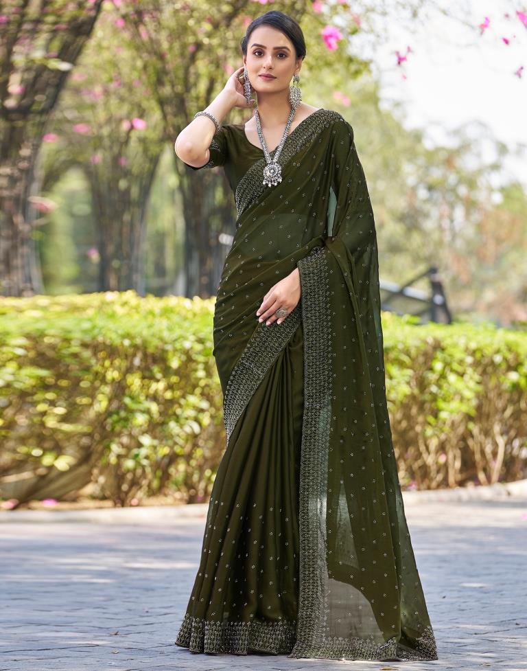 Olive Green Georgette Plain Saree