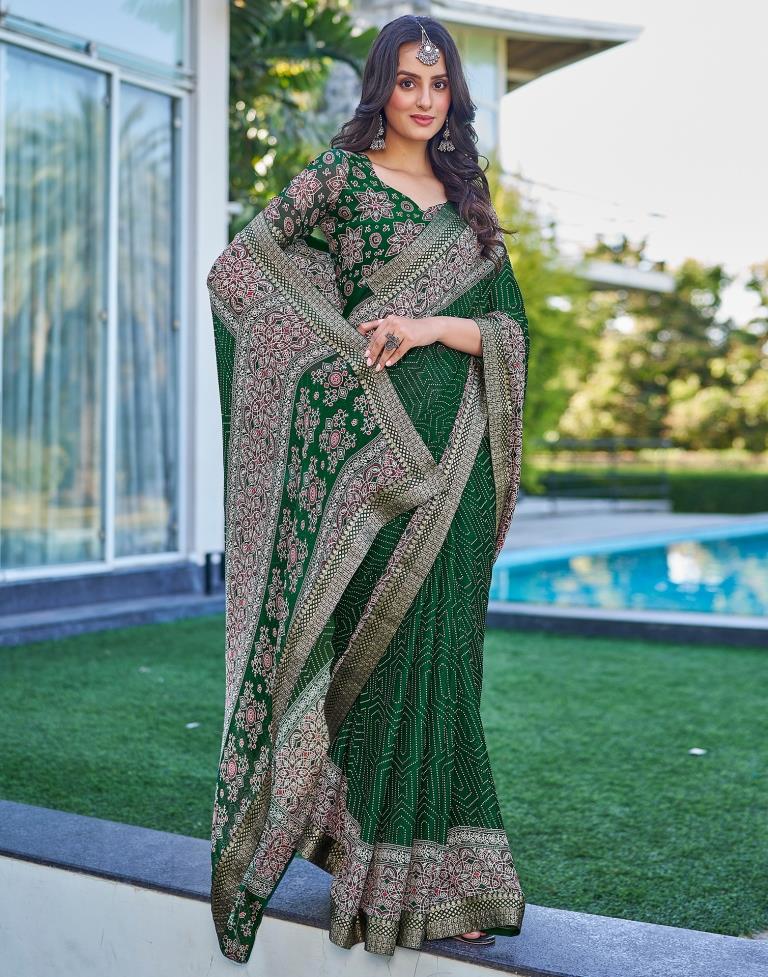 Dark Green Georgette Printed Saree