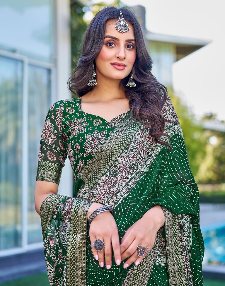 Dark Green Georgette Printed Saree