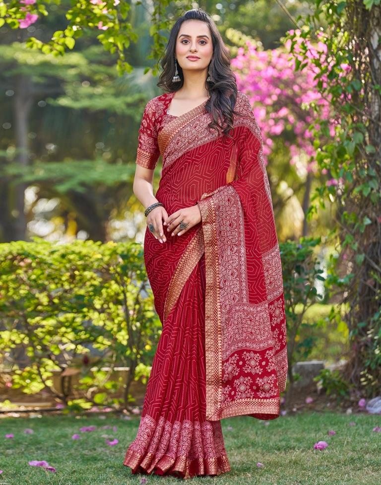 Dark Red Georgette Printed Saree