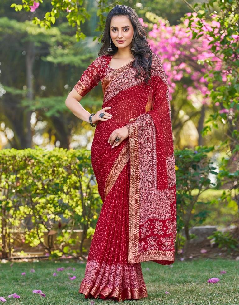 Dark Red Georgette Printed Saree