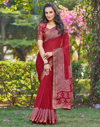 Dark Red Georgette Printed Saree