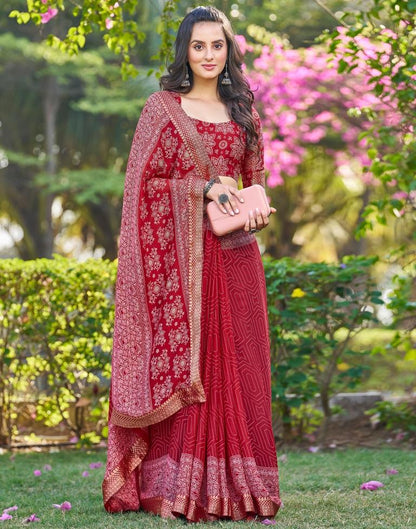 Dark Red Georgette Printed Saree