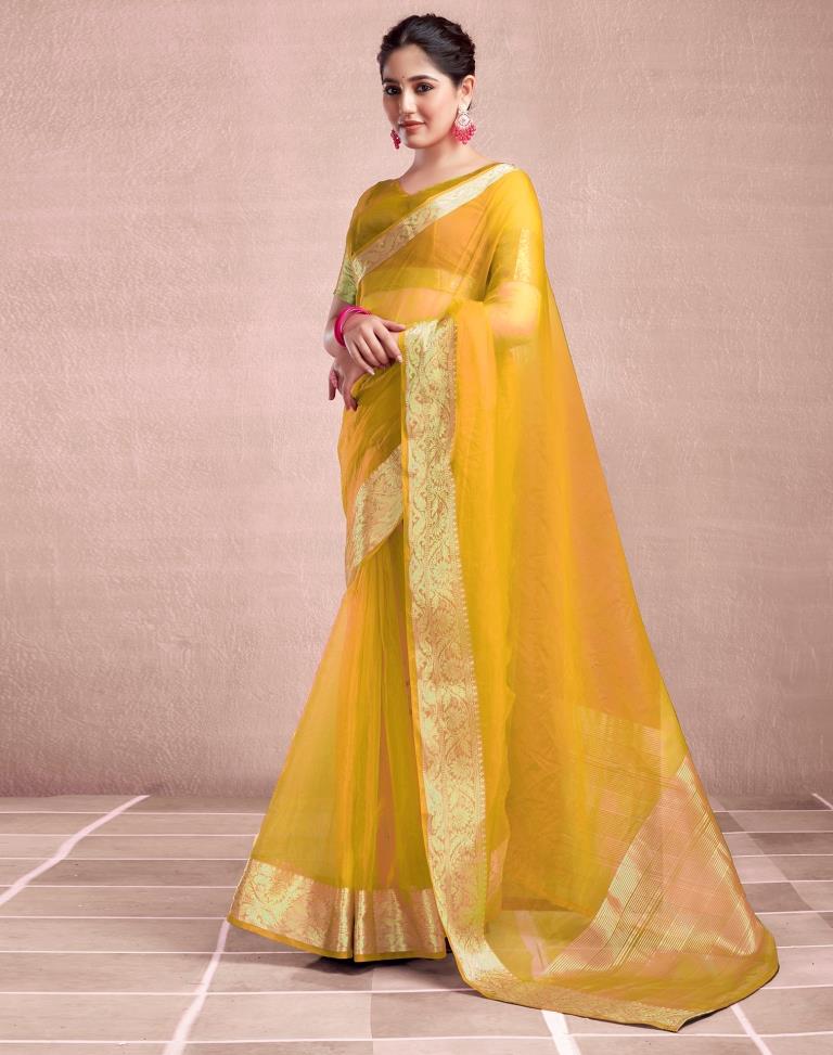 Yellow Organza Plain Saree