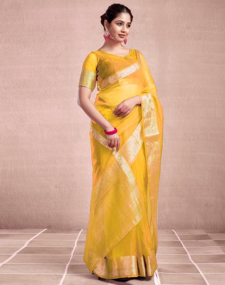 Yellow Organza Plain Saree