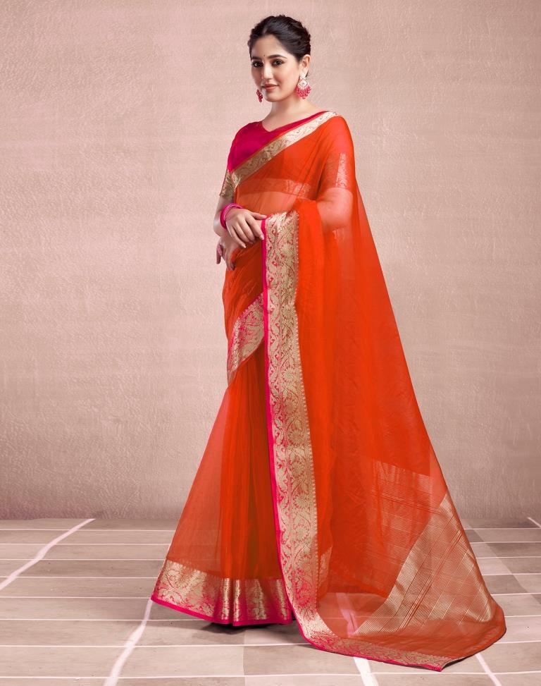 Orange Organza Plain Saree