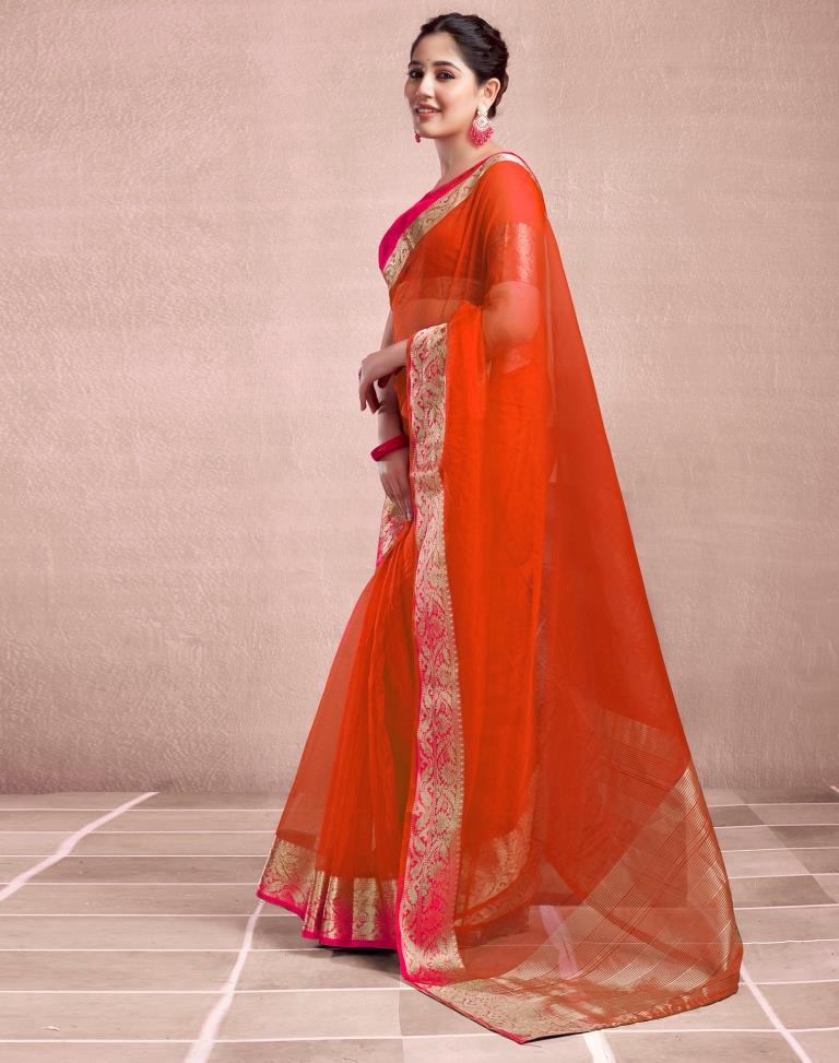 Orange Organza Plain Saree