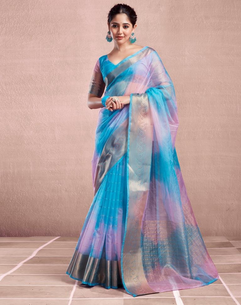 Blue Organza Printed Saree