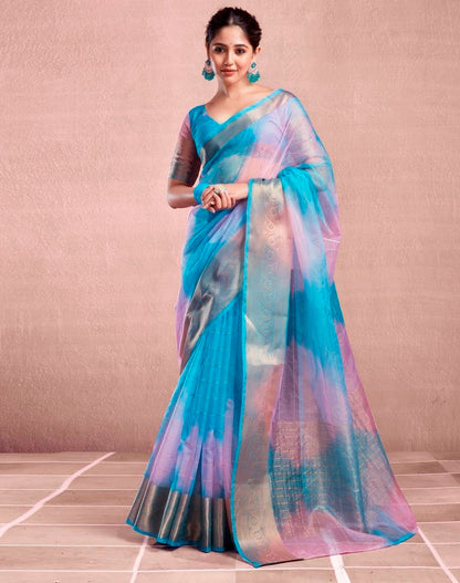 Blue Organza Printed Saree