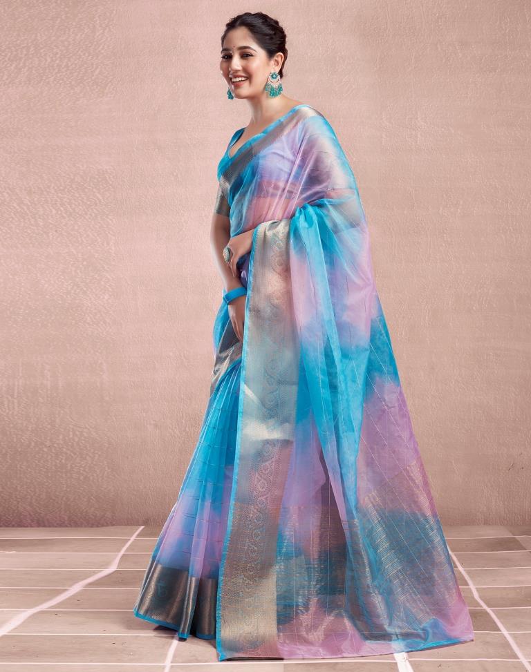 Blue Organza Printed Saree