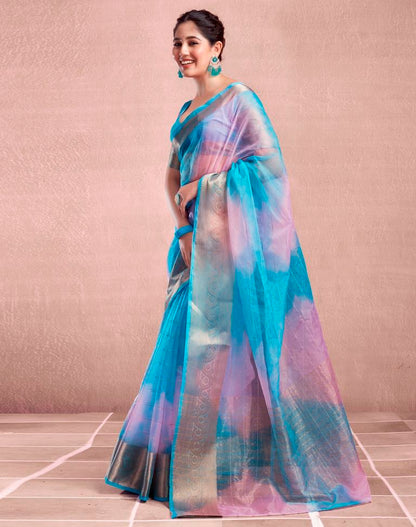 Blue Organza Printed Saree