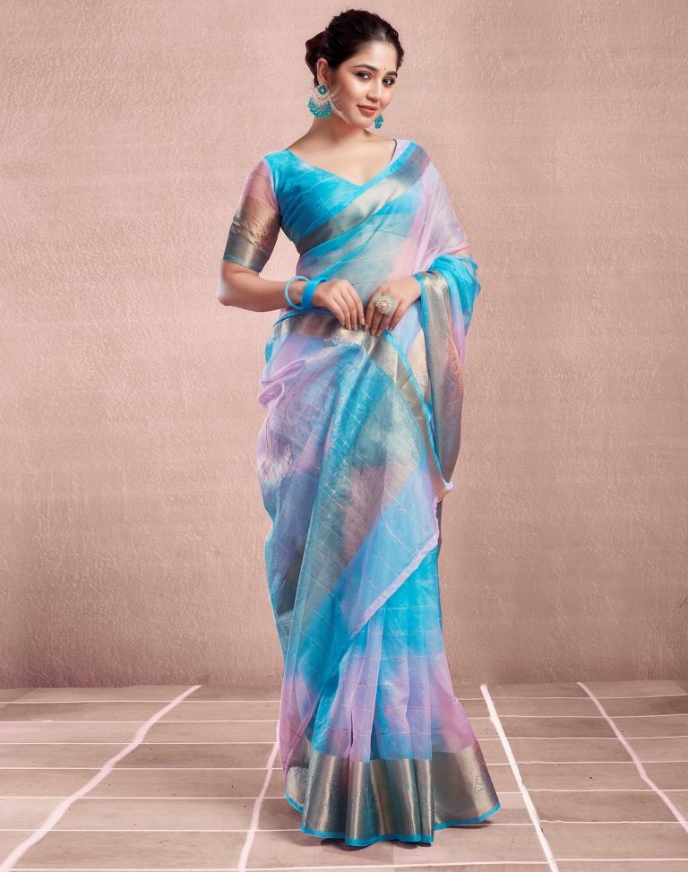 Blue Organza Printed Saree