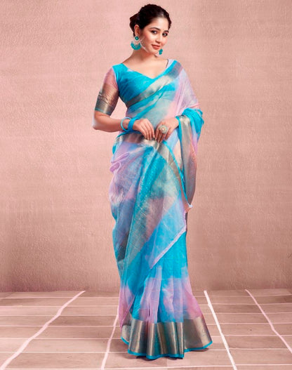 Blue Organza Printed Saree