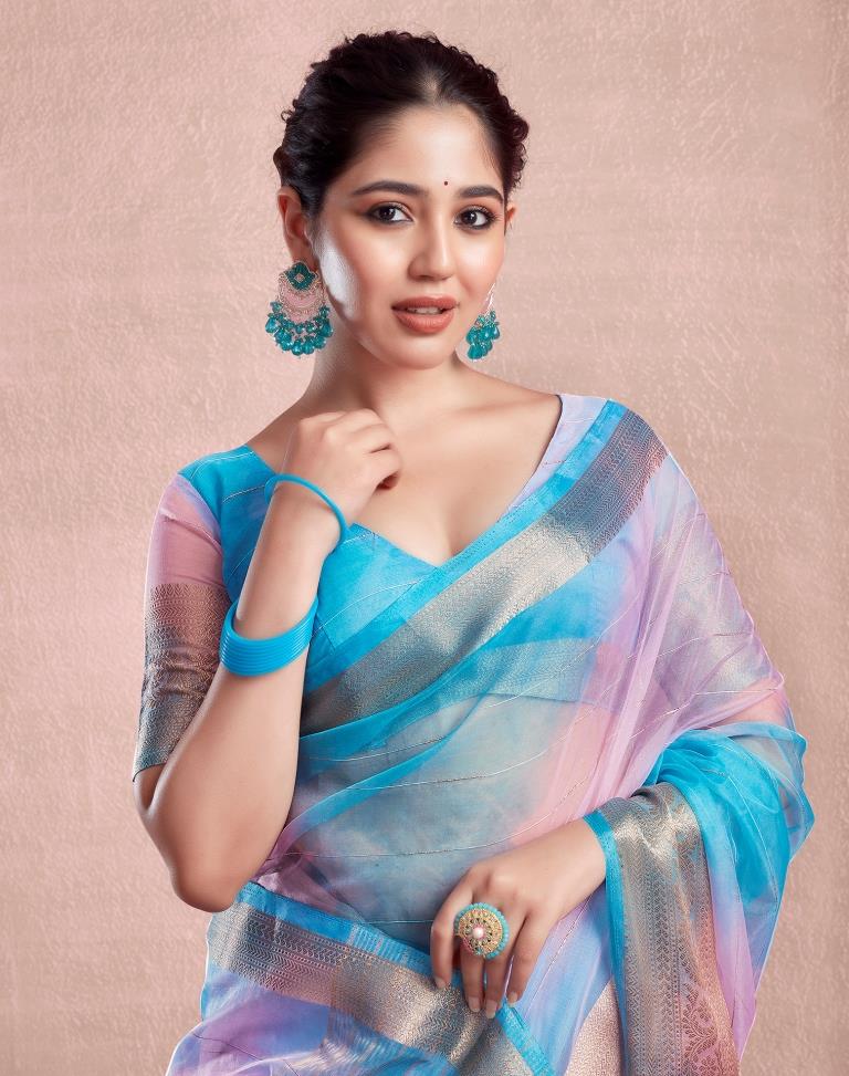 Blue Organza Printed Saree