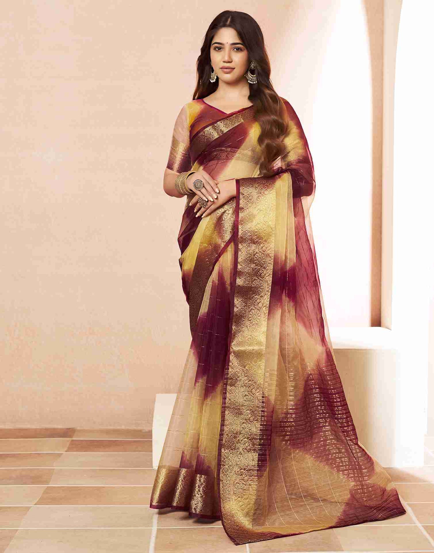 Maroon Organza Woven Saree