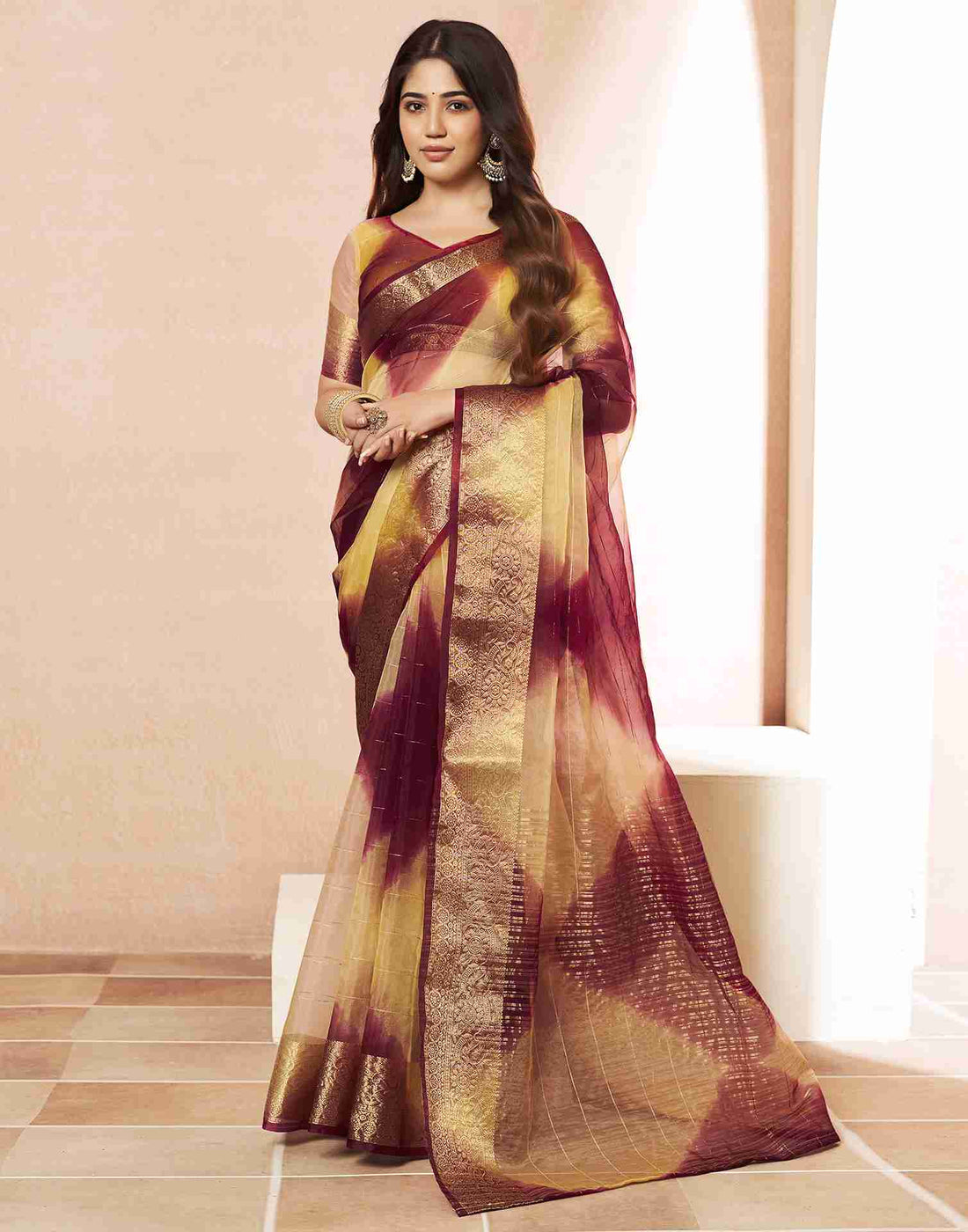 Yellow Organza Printed Woven Saree