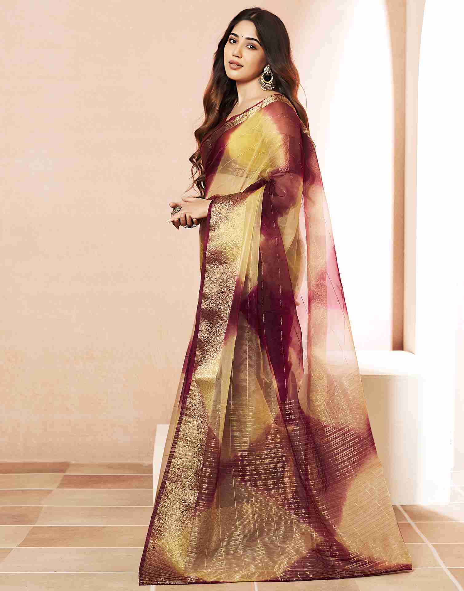 Maroon Organza Woven Saree