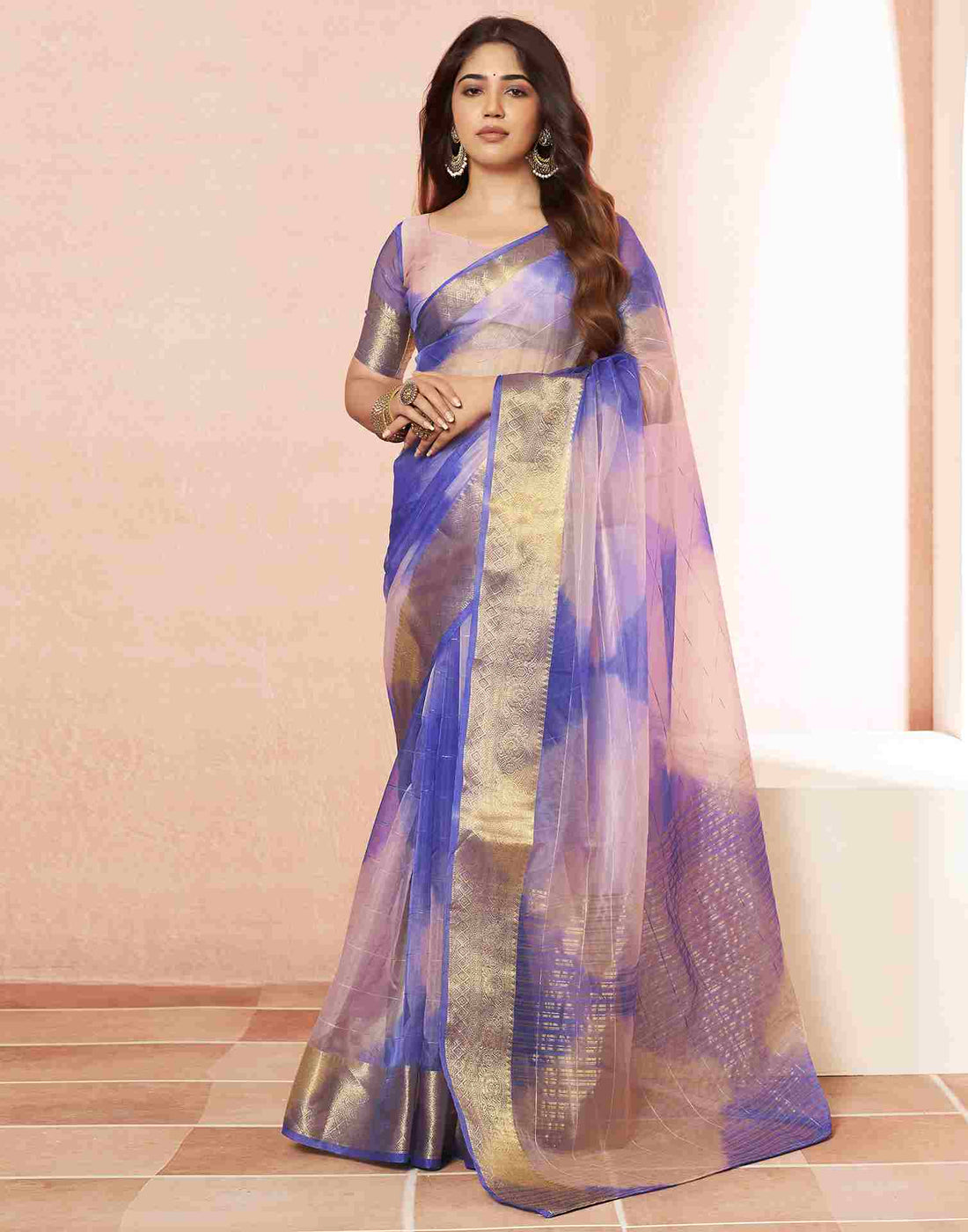 Light Pink Organza Printed Woven Saree