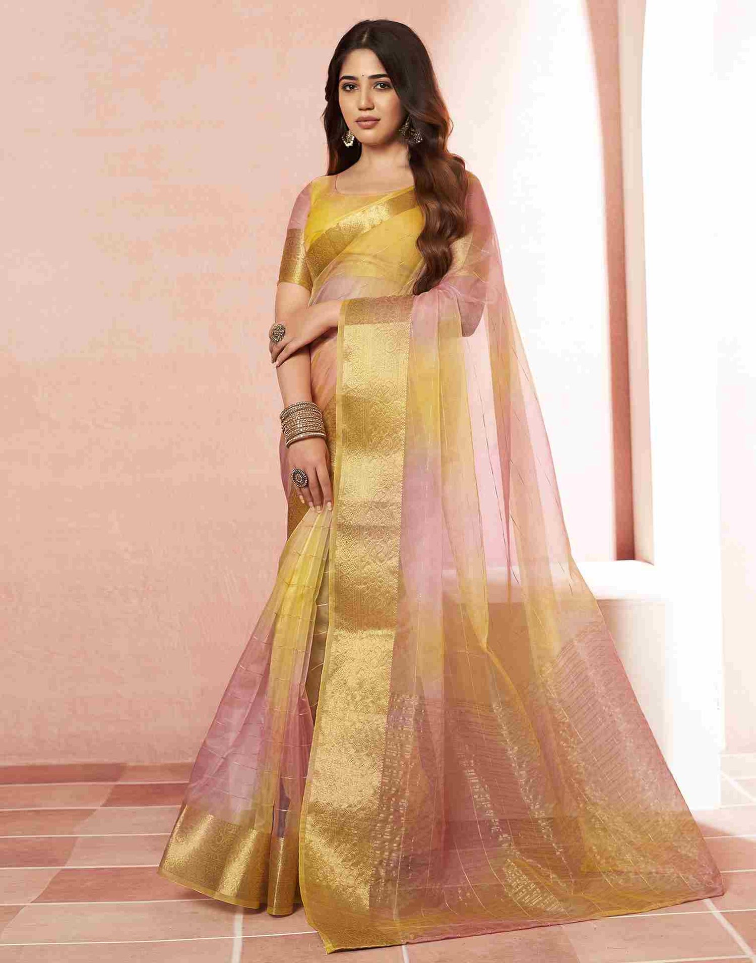 Yellow Organza Woven Saree