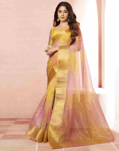 Yellow Organza Printed Woven Saree