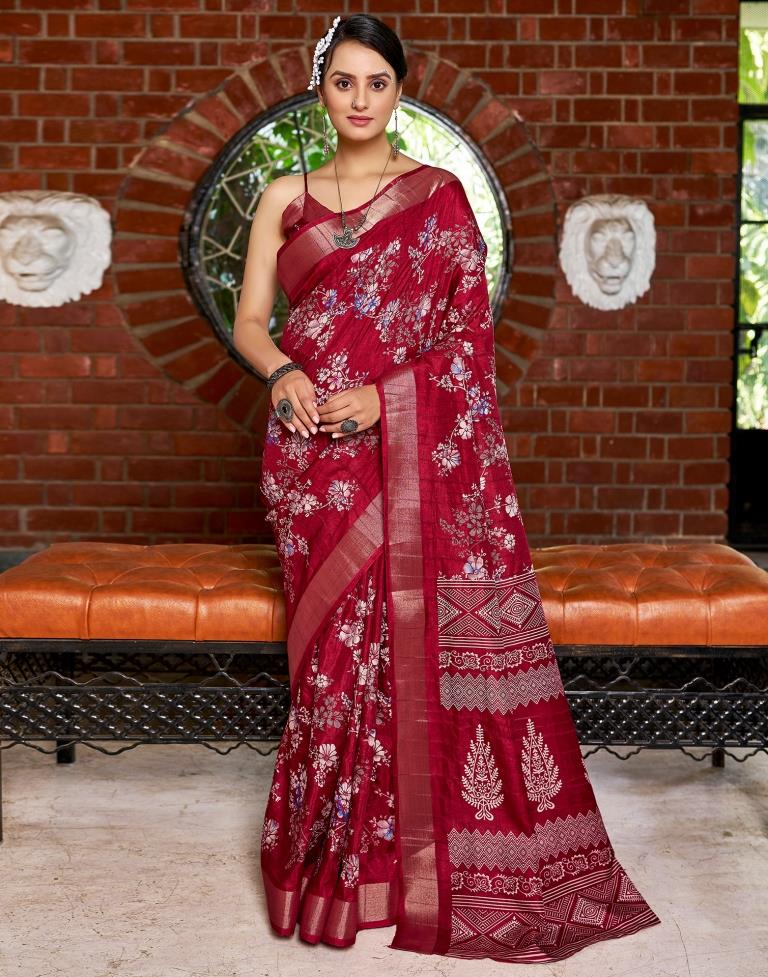 Maroon Silk Printed Saree