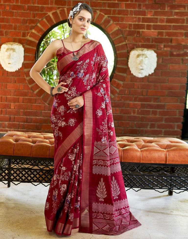 Maroon Silk Printed Saree