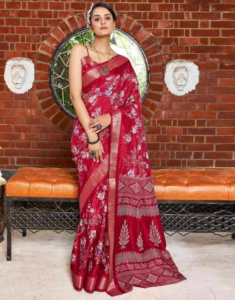 Maroon Silk Printed Saree