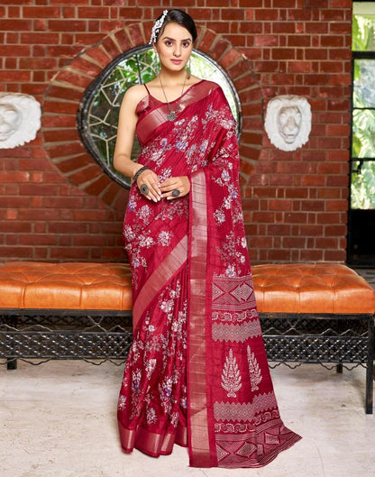 Maroon Silk Printed Saree