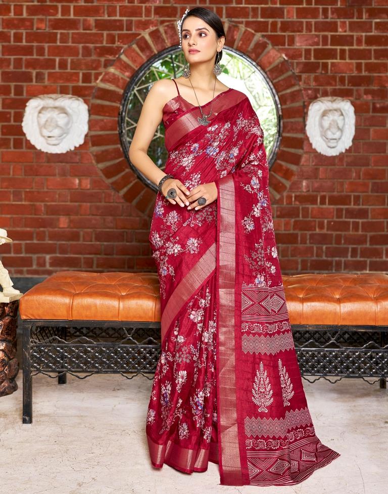 Maroon Silk Printed Saree