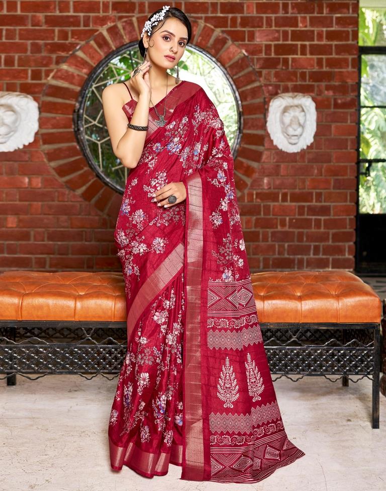 Maroon Silk Printed Saree