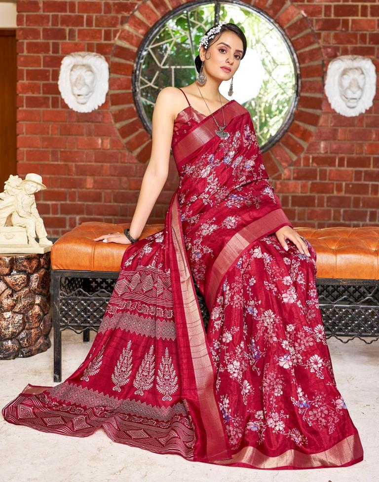 Maroon Silk Printed Saree