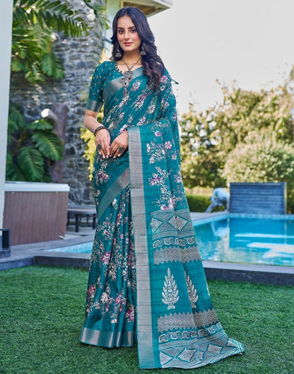 Teal Blue Silk Printed Saree