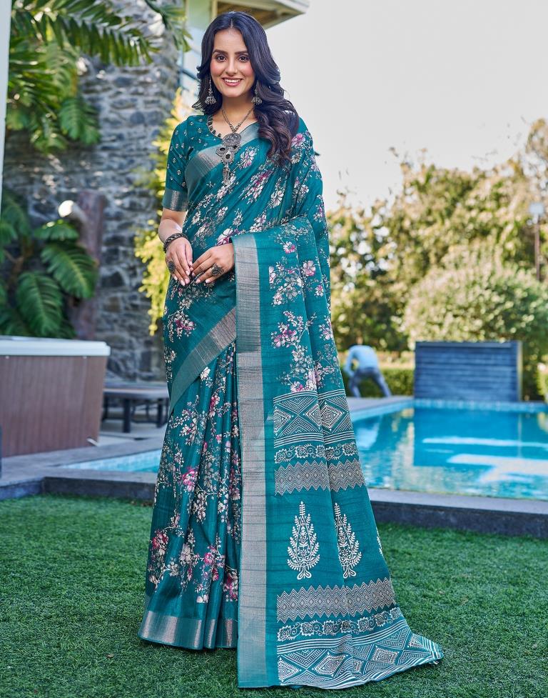 Teal Blue Silk Printed Saree