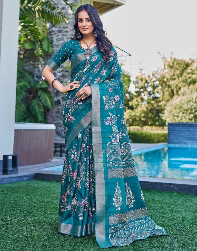 Teal Blue Silk Printed Saree