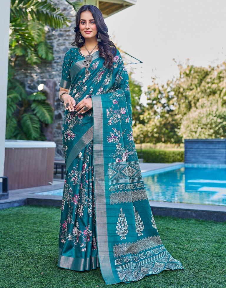 Teal Blue Silk Printed Saree