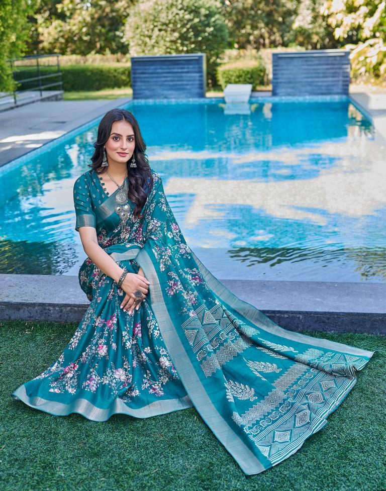 Teal Blue Silk Printed Saree