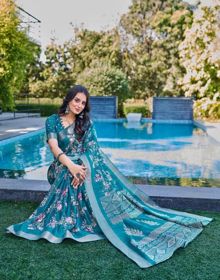 Teal Blue Silk Printed Saree