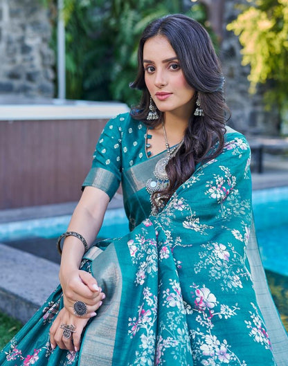 Teal Blue Silk Printed Saree