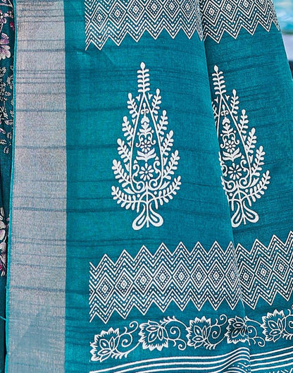 Teal Blue Silk Printed Saree