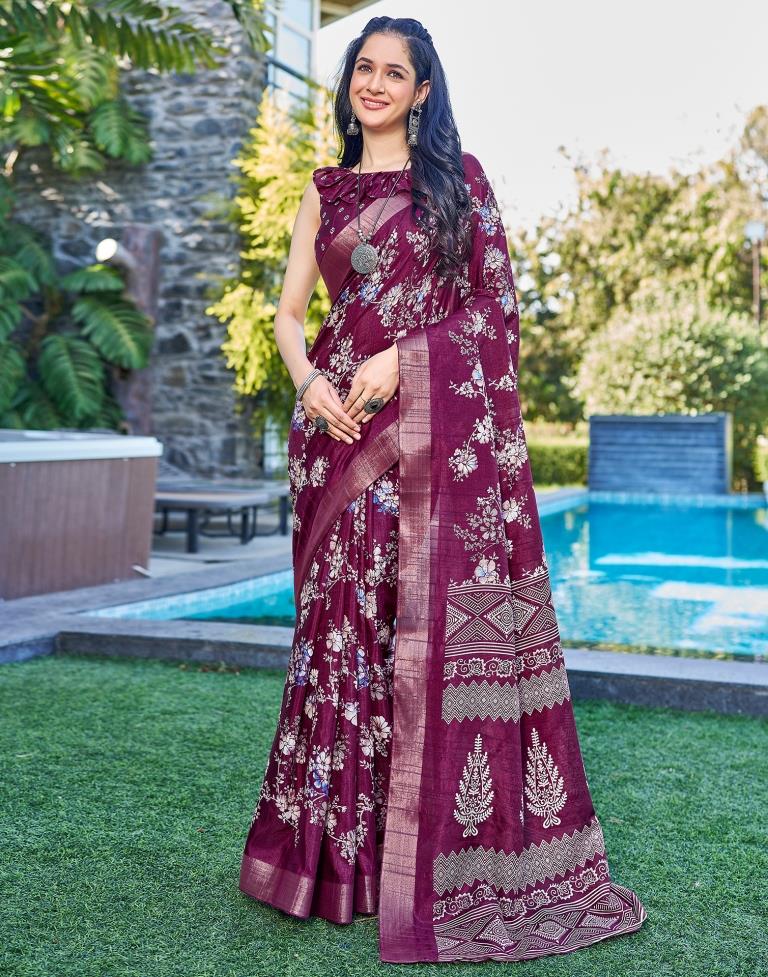 Wine Silk Printed Saree