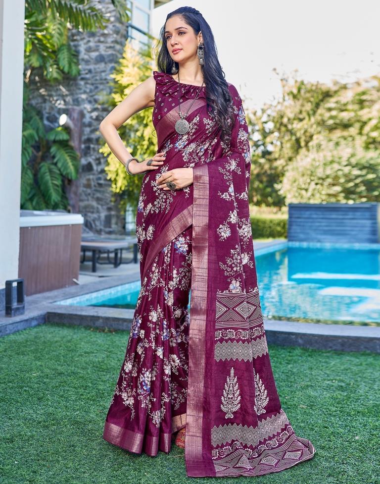 Wine Silk Printed Saree