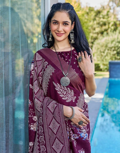 Wine Silk Printed Saree