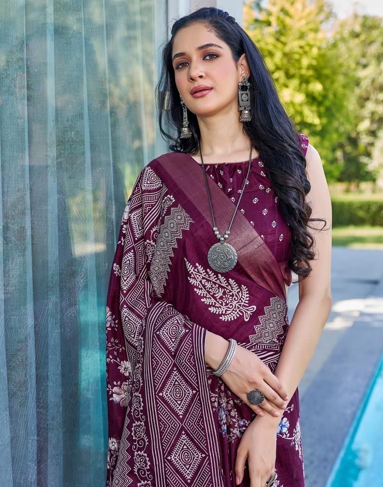 Wine Silk Printed Saree