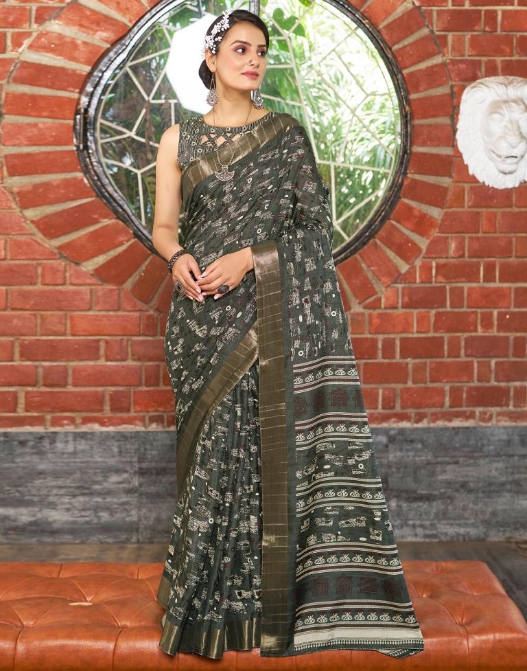 Dark Grey Silk Printed Saree