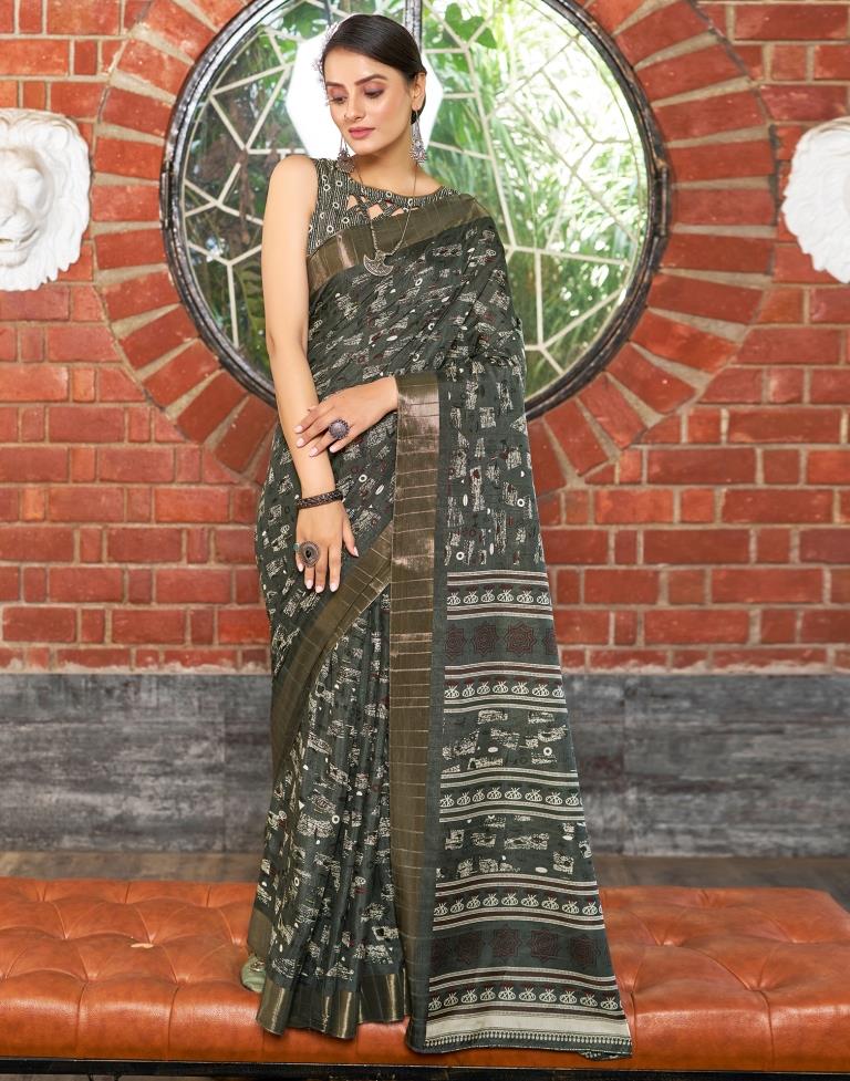 Dark Grey Silk Printed Saree