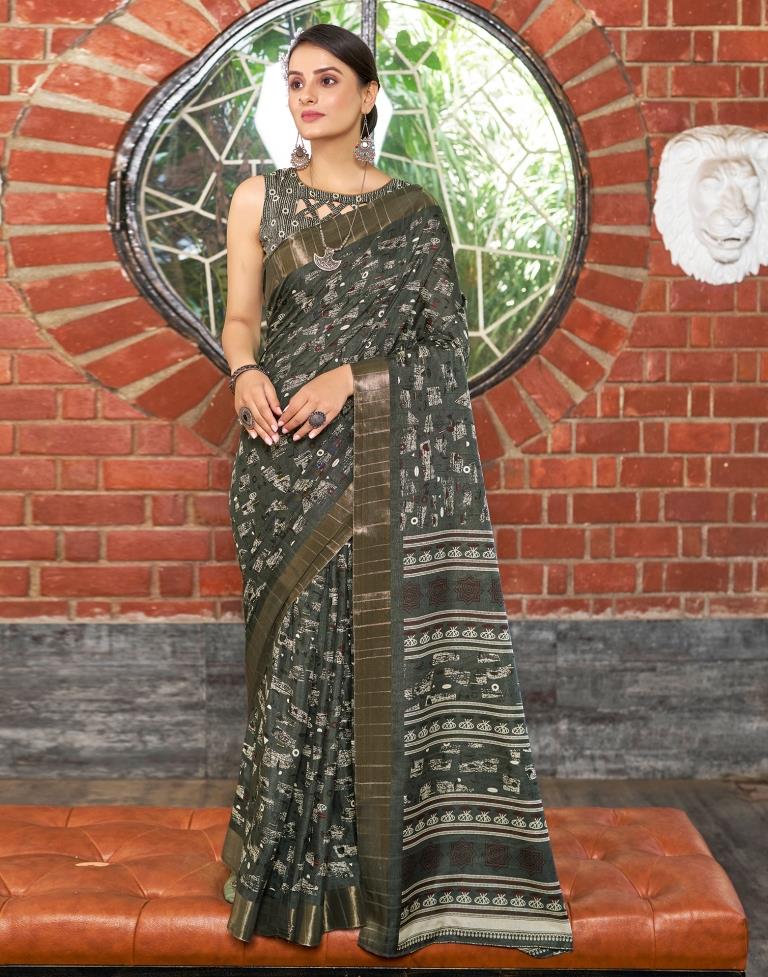 Dark Grey Silk Printed Saree